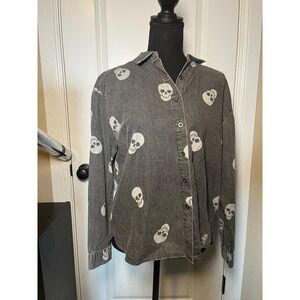 Jane + Delancey Womens Skull Print Acid Wash Denim Button Down Shirt Grey Small